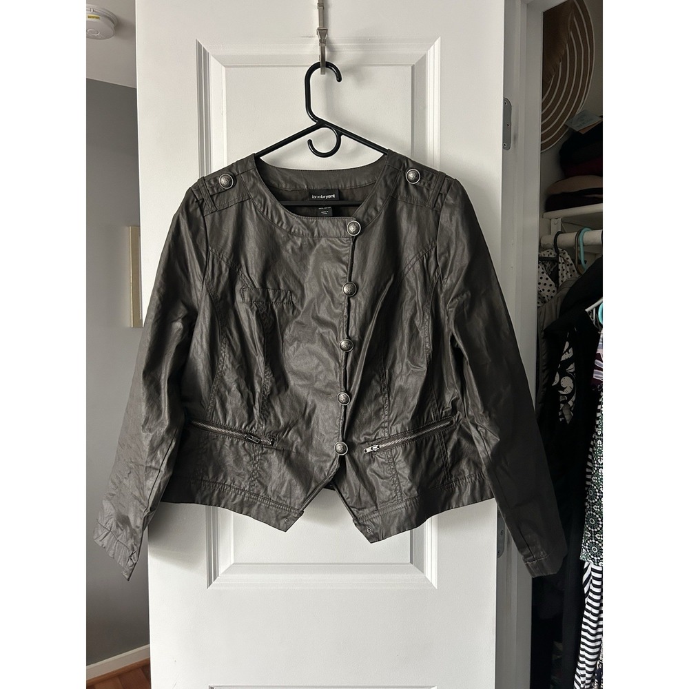 Lane Bryant Brown Moto Biker Jacket Crest Button Front Pleated Back Sz 16